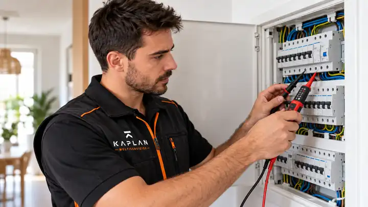 Electricista de Kaplan revisando un cuadro eléctrico
