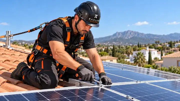 Técnico de Kaplan Multiservicios instalando placas solares