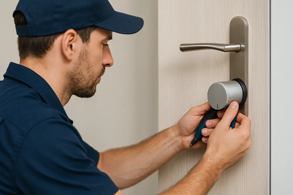 Técnico de Kaplan instalando una cerradura inteligente